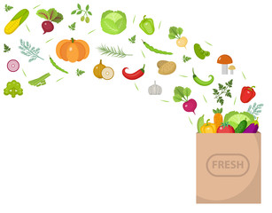 Shopping paper bag with fresh vegetables. Flat design. Set vegetables banner with space for text, isolated on white background. Healthy lifestyle, vegan, vegetarian diet, raw food. Vector illustration