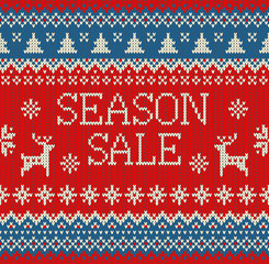 Merry Christmas and New Year seamless knitted pattern with lettering SEASON SALE, deer, snowflakes and fir. Scandinavian style. Winter Holiday Sweater Design. Vector Illustration.