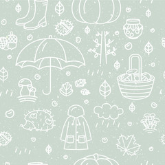 Seamless pattern with different autumn symbols. Linear nature icons background.