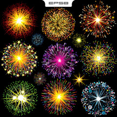 Naklejka premium Bright Colorfiul Explosions, Fireworks. Vector Set