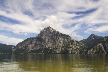 Traunstein Mountain on bank of lake Traunsee in Salzkammergut, Austria