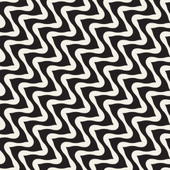 Vector Seamless Black and White Hand Drawn Wavy Diagonal Stripes Pattern