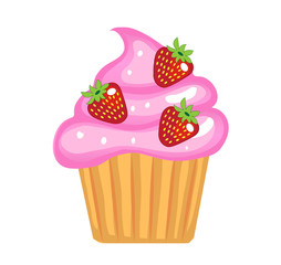 Cute cupcakes, flat cartoon style. Cake with cream and strawberries. Isolated on white background. Vector illustration, clip art