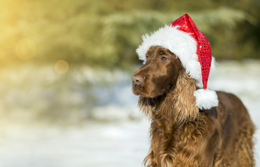 Christmas card with a funny dog with Santa Claus hat
