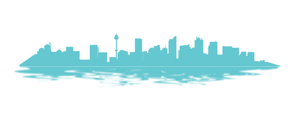Silhouette blue simple line art city with reflect in water on white background