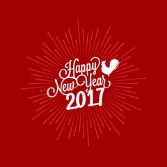 Happy new year lettering typography design with rooster, Chinese zodiac and starburst background for 2017 year, flat design