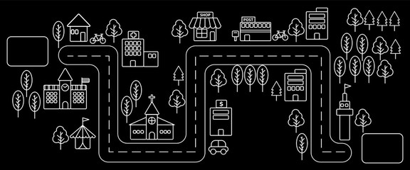 Simple white line urban town map in flat design on black background