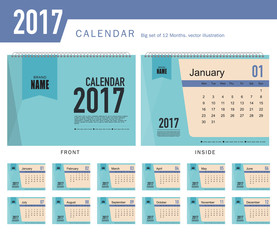 Desk Calendar 2017 Vector Design Template. Big set of 12 Months. Week Starts Monday