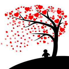 Fototapeta na wymiar Lonely silhouette man under the tree with Red hearts fall vector isolated on white background