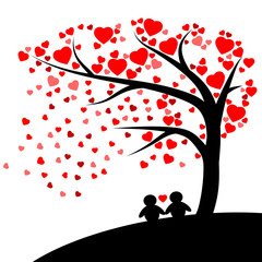 Fototapeta na wymiar Lovely silhouette couple under the tree with Red hearts fall vector isolated on white background