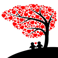 Plakat Silhouette man and woman under the tree of red hearts vector isolated on white background