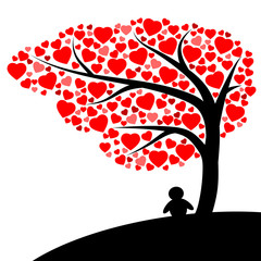 Plakat Silhouette man under the tree of red hearts vector isolated on white background