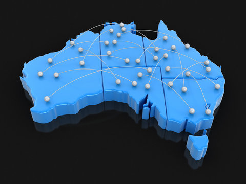 Map Of Australia With Flight Paths. Image With Clipping Path.