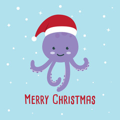 Octopus cartoon character. A Cute octopus wearing Santa Claus hat standing on marine blue background.Flat design Vector illustration for Merry Christmas and Happy New Year invitation card. 