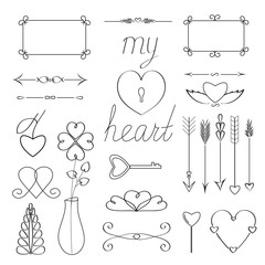 Hand draw Set of romance, love and wedding elements. Decoration elements for valentine's greeting cards, other romantic design. Vector illustration. 