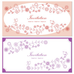 Wedding nvitations with outline floral design in the frame. Hand drawing decorative elements.