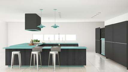 Minimalistic gray kitchen with wooden and turquoise details, min