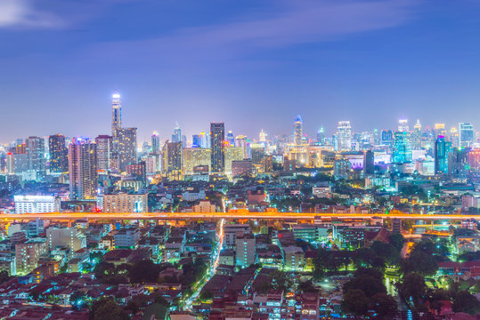 Bangkok business city skyline at night.