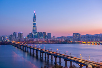 Seoul Subway and Lotte Tower at Night, South korea.