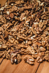 Closeup of big shelled walnuts pile