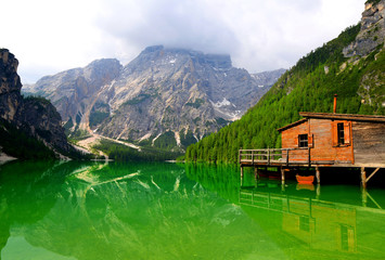 Fototapeta na wymiar Lago di Braies ( Pragser Wildsee ) in Dolomites mountains, Italy