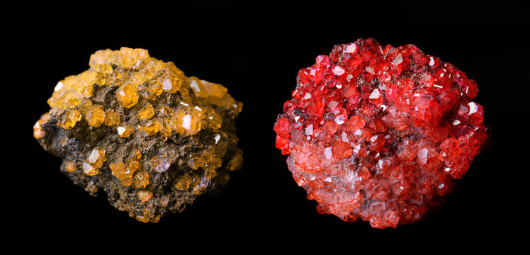 Yellow and red mineral crystals Mimetite isolated on black background.