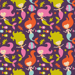 Seamless cute marine pattern made with mermaids, fish and seaweed