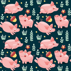 Seamless pattern with pigs, plants and acorn