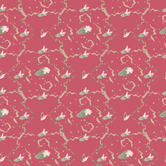Lily, lotus flowers leaves and pads grow among air bubbles. Vector seamless pattern on red background