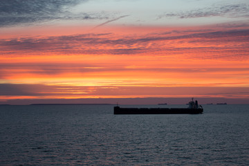 Oil product tanker during beautiful sunset.