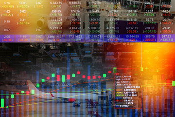 Stock market on display with cityscape and Travel by air transport - Passenger plane is landing...