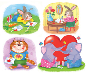 Greeting card for Valentine's Day. Cute animals. Illustration for children