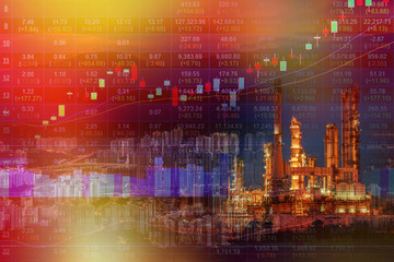 Stock market concept with oil refinery industry background,Double exposure.