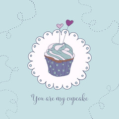 Hand-drawn template for the St. Valentine day greeting card or poster. Tender and cute drawing of the cupcake. Love you card