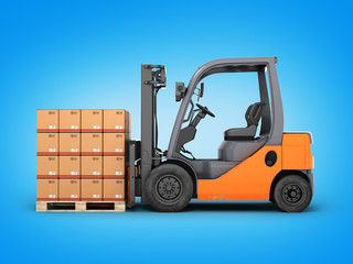 Forklift truck with boxes on pallet on blue gradient background