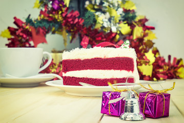abstract red velvet cake in christmas time on wood table - can use to display or montage on product