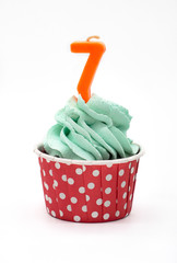 Chocolate Cupcakes with Candles 7 on White Background, Birthday or Anniversary Concept