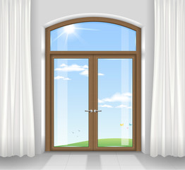 Arched double doors to the terrace overlooking the beautiful landscape. Transparent glass. Vector graphics