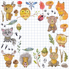 Obraz premium Watercolor pattern with animals Cute forest friends