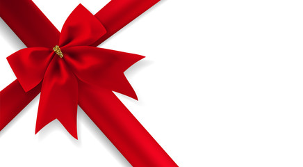 Beautiful red diagonal bow with ribbon and transparent shadow isolated on white background Vector illustration decorative element with place for text