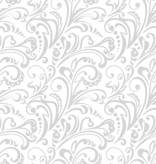 Seamless pattern. Vintage style background with floral ornaments. Abstract composition with grey elements on white backdrop. Illustration with an elegant design.