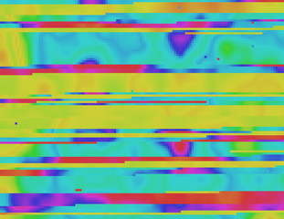 Colorful glitched background in a psychedelic rave aesthetic. Contemporary abstract vector illustration. Corrupted pixel image structure. Collapsing data due the signal error. Element of design.