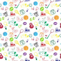 Collection of hand drawn Doodle sport. Sports, football, bowling, tennis, basketball.Cartoon healthy lifestyle pattern.