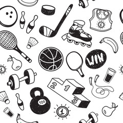 Obraz premium Collection of hand drawn Doodle sport. Sports, football, bowling, tennis, basketball.Cartoon healthy lifestyle pattern.