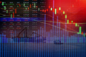 Double exposure of stocks market chart concept with International Container Cargo ship in the ocean, Freight Transportation, Shipping, Nautical Vessel