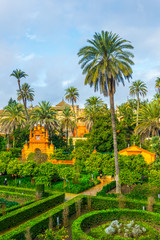 view of a garden of the real alcazar palace in the spanish city sevilla