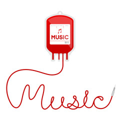 Blood bag type music red color and music text made from cord illustration isolated on white background, with copy space