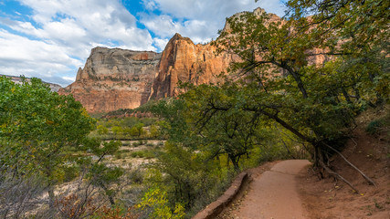 Breathtaking view of the canyon. The path to the Emerald Pools through the cliffs and forest. EMERALD POOLS TRAIL, Zion National Park, Utah, USA