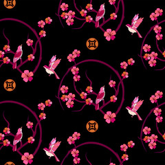 Japanese seamless pattern with birds and sakura branches on a black background.