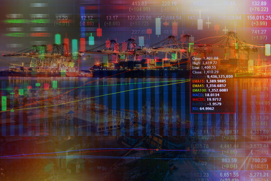 Double exposure of stocks market chart concept with International Container Cargo ship in the ocean, Freight Transportation, Shipping, Nautical Vessel